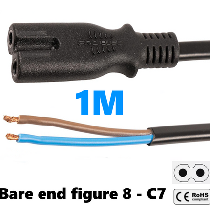 1m Power Cord C7 Figure 8 Fig of 8 Lead to Bare End Cable Black