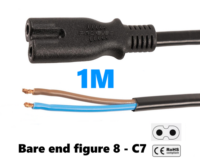 1m Power Cord C7 Figure 8 Fig of 8 Lead to Bare End Cable Black