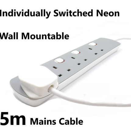 4 Gang Mains Extension Lead 4 Way 5 Metre UK Power Sockets Switched - Grey 5m