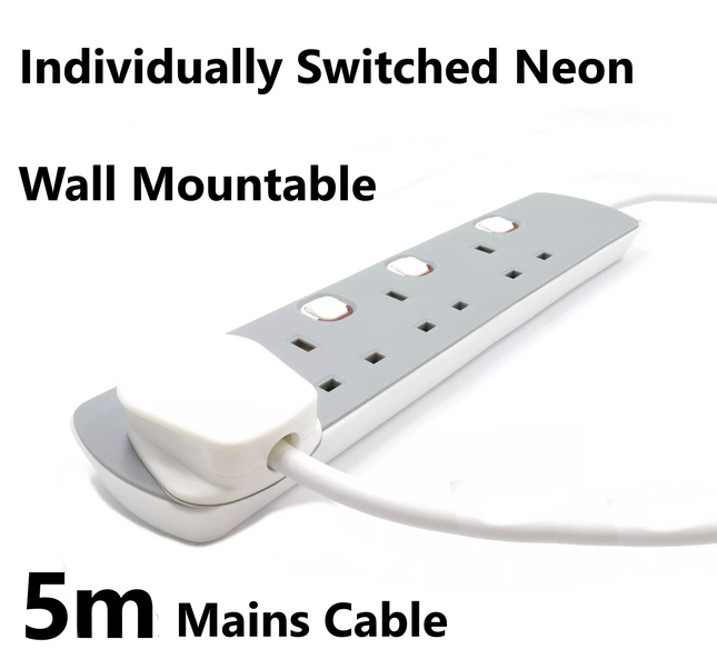 4 Gang Mains Extension Lead 4 Way 5 Metre UK Power Sockets Switched - Grey 5m