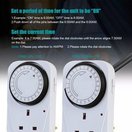 24 Hour Mechanical Mains Plug In Timer Switch Time Clock Socket UK 3 Pin Adapter