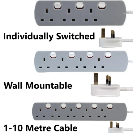 3, 4 or 5 Way Gang Extension Lead Grey Individually Switched UK Plug 13A 1 - 10m