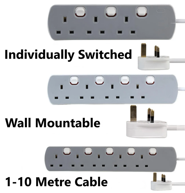 3, 4 or 5 Way Gang Extension Lead Grey Individually Switched UK Plug 13A 1 - 10m