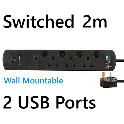 USB Switched Surge Protected Extension Lead 4 5 6 Gang Way Plug Socket Black 2m