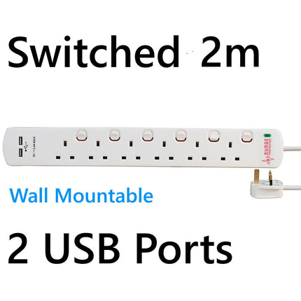 USB Switched Surge Protected Extension Lead 4 5 6 Gang Way Plug Socket White 2m
