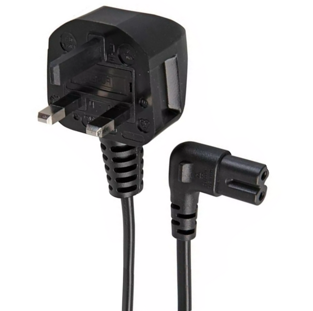 Right Angle Figure of 8 Mains Cable Power UK Lead 3A Plug Fig 8 C7 Cord Black