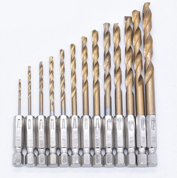 13pc Titanium Coated HSS Steel DRILL BITS Set Metal Wood Plastic 1/4'' Hex Shank