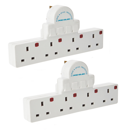 2 Qty, 4 Way Gang Surge Extension Wall Socket Adaptor uk Plug Convert Switched