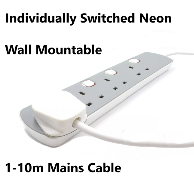 4 Gang Grey Mains Extension Lead 4 Way UK Power Sockets Switched 1m/2m/5m/10m