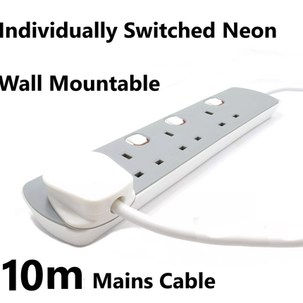 4 Gang Mains Extension Lead 4 Way 10 Metre UK Power Sockets Switched - Grey 10m