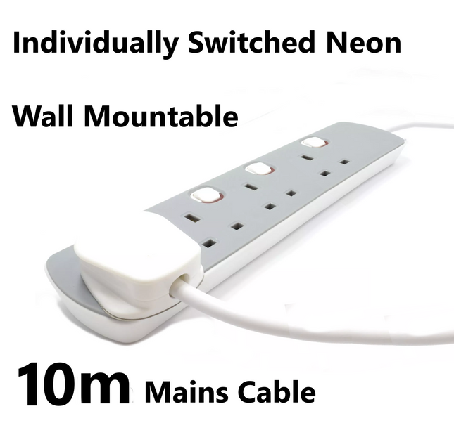 4 Gang Mains Extension Lead 4 Way 10 Metre UK Power Sockets Switched - Grey 10m