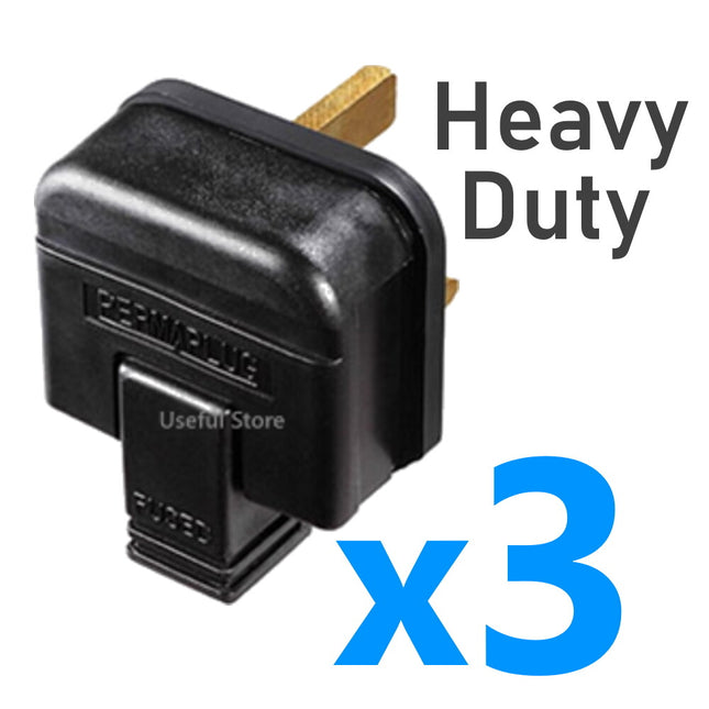 3x Permaplug Heavy Duty Impact Resistant 13 Amp Rubberised Plug Electrical Black