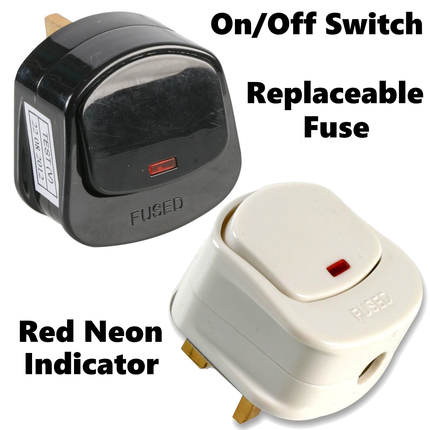 13A SWITCH PLUG ON OFF 3 PIN FUSE UK PLUG TOP WITH NEON LIGHT BLACK WHITE