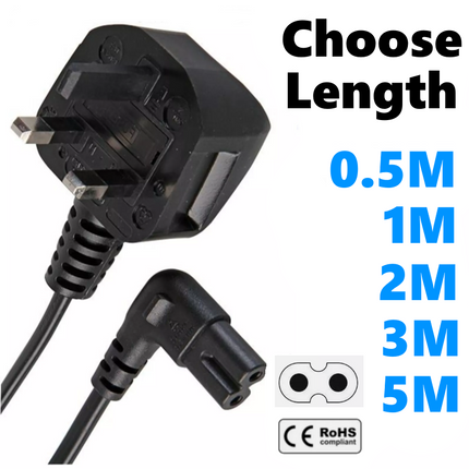Right Angle Figure of 8 Mains Cable Power UK Lead 3A Plug Fig 8 C7 Cord Black