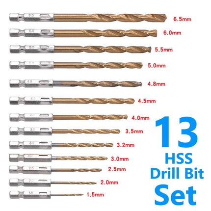 13pc Titanium Coated HSS Steel DRILL BITS Set Metal Wood Plastic 1/4'' Hex Shank