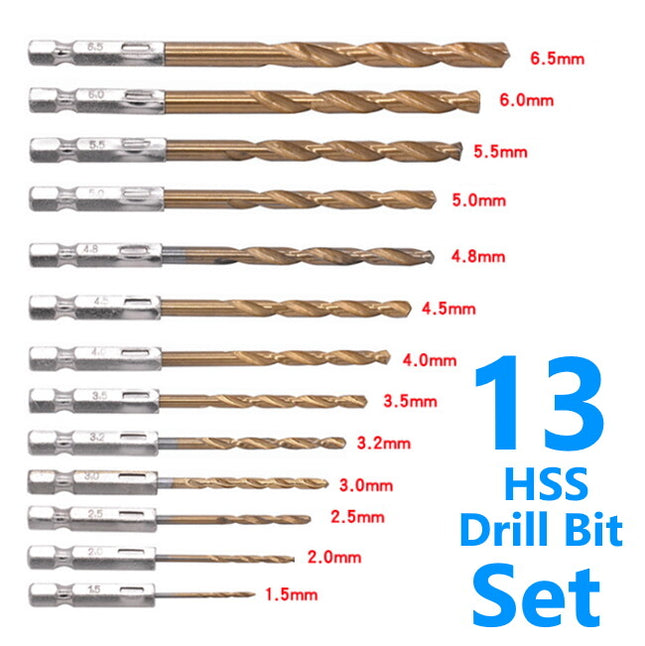 13pc Titanium Coated HSS Steel DRILL BITS Set Metal Wood Plastic 1/4'' Hex Shank