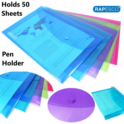 Rapesco A4 Document Wallets Foolscap Plastic Popper Press Stud Files 5 Pack