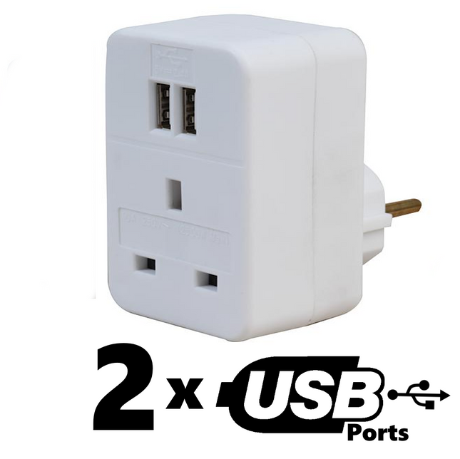 UK to EU Travel Adaptor 2 USB European Plug Adapter with 2 USB Ports 10AMP
