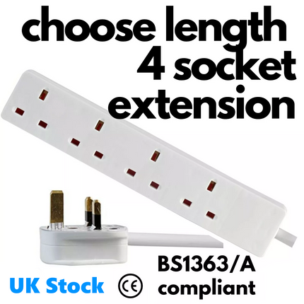 4 Way Mains Extension Lead Cable Power 4 Plugs Gang Socket Electric UK STOCK