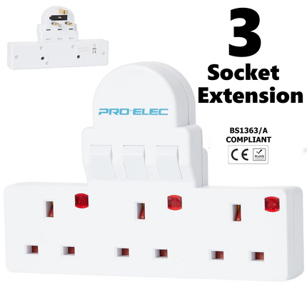 3 Way Extension Wall Socket Adaptor UK Plug Convert 13A Neon Switched