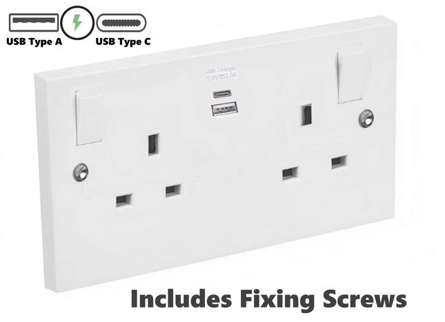New Double 13A Switched Socket with Super Fast USB A & Type C Charger Port UK
