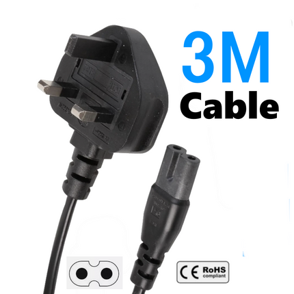 3m UK Plug C7 Figure 8 IEC 3A Mains Power Cable for Xbox PS5 Laptop Cord Black