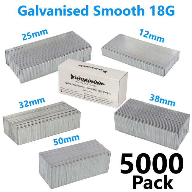 5000 x Brad Nails Galvanised Smooth Shank Gun 12,25,32,38,50mm Nailer 18 Gauge
