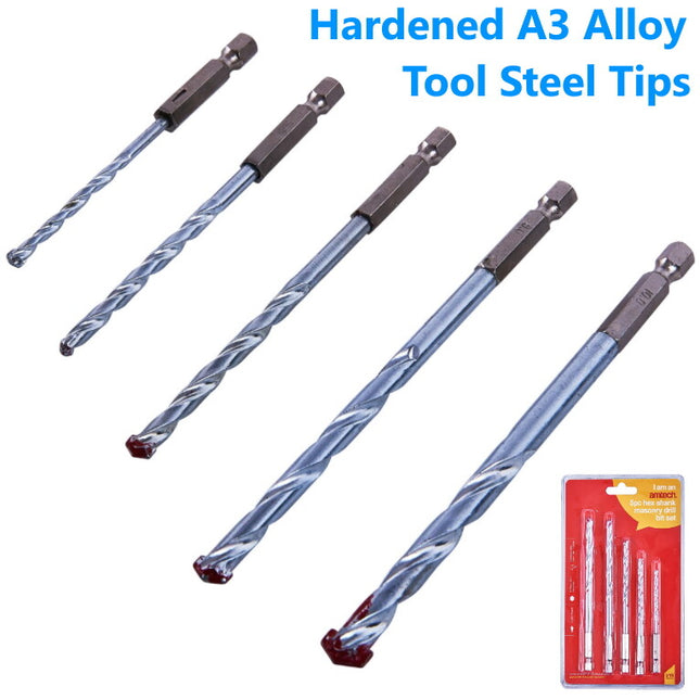 5pc HEX SHANK Masonry Stone Drill Bits Set Brick Concrete 4 5 6 8 10MM