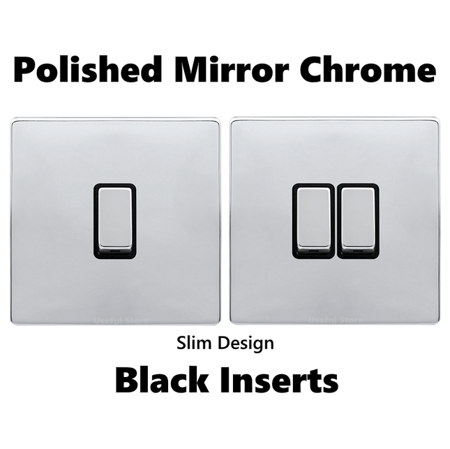 Screwless Single or Double Light Switch 1 or 2 Gang 2 Way Wall Polished Chrome