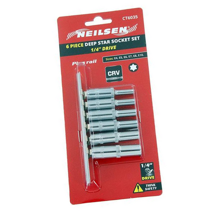 Neilsen Deep Star Profile Sockets E4 E5 E6 E7 E8 E10  Socket Set 1/4" with Rail