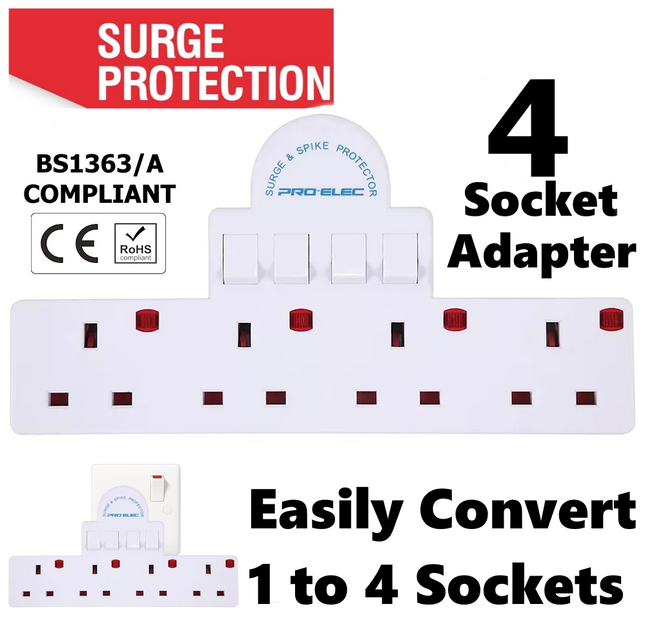 4 Way Gang Surge Extension Wall Socket Adaptor UK Plug Convert 13A Neon Switched