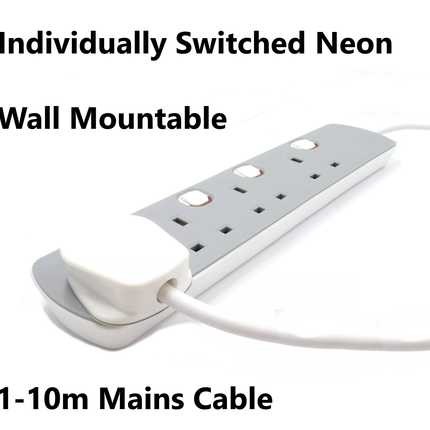 4 Gang Grey Mains Extension Lead 4 Way UK Power Sockets Switched 1m/2m/5m/10m