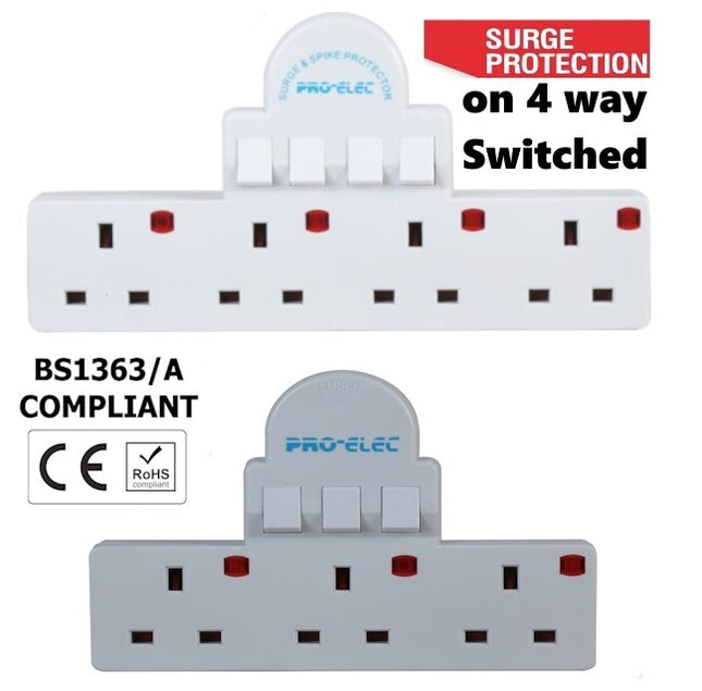 Main Adaptor Extension Power Socket 3 or 4 Way Gang Switched Multi UK Plug 13A