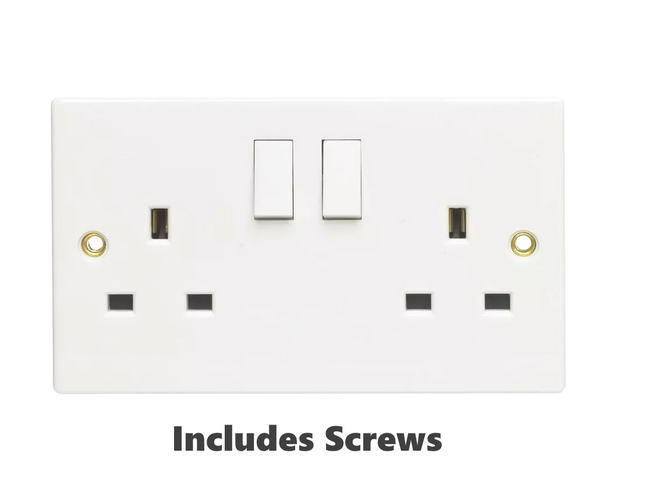Wall Socket Switched 2 Gang White Twin Double Plug Electrical Square Edge DIY