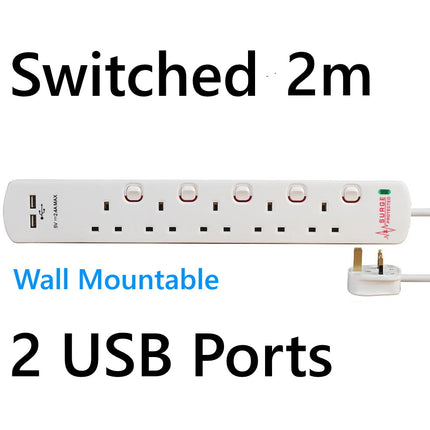 USB Switched Surge Protected Extension Lead 4 5 6 Gang Way Plug Socket White 2m