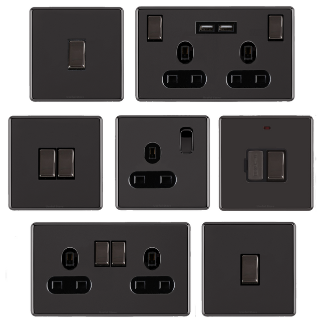 Screwless Slim Black Nickel Mirror Light Switches & Sockets with Black Inserts