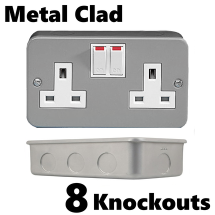 METAL CLAD 13 Amp Double 2 Gang Switched Socket Twin Electrical Wall Plug Socket