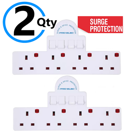 2 Qty, 4 Way Gang Surge Extension Wall Socket Adaptor uk Plug Convert Switched