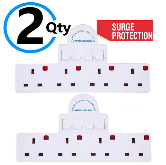 2 Qty, 4 Way Gang Surge Extension Wall Socket Adaptor uk Plug Convert Switched