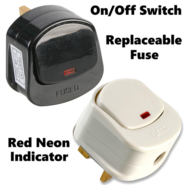 13A SWITCH PLUG ON OFF 3 PIN FUSE UK PLUG TOP WITH NEON LIGHT BLACK WHITE