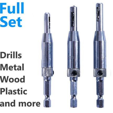 3 PC HINGE DRILL BIT SET DOOR LOCK WOOD METAL PLASTIC SELF CENTERING CABINET HEX