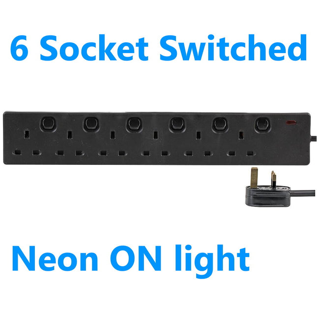 6 Way Switched Extension Lead - Six Gang Multi Plug Socket - Black Power Cable