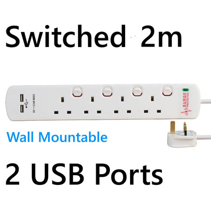 USB Switched Surge Protected Extension Lead 4 5 6 Gang Way Plug Socket White 2m