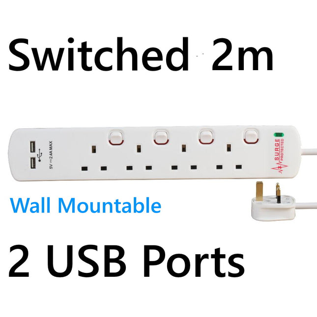 USB Switched Surge Protected Extension Lead 4 5 6 Gang Way Plug Socket White 2m