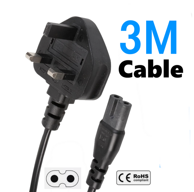 3m UK Plug C7 Figure 8 IEC 3A Mains Power Cable for Xbox PS5 Laptop Cord Black