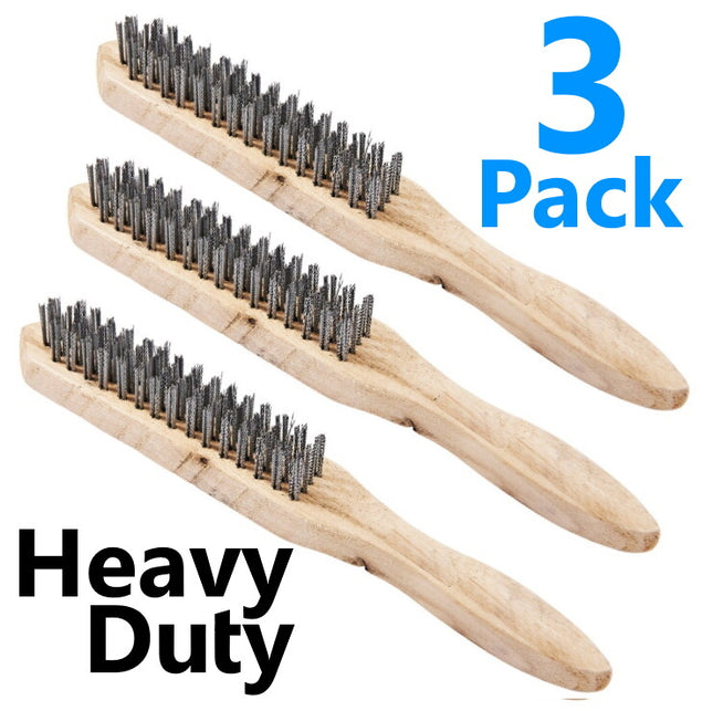 3x Wire Brush 4 Row Rust Cleaning Handle Steel Wooden Heavy Duty Metal Removal