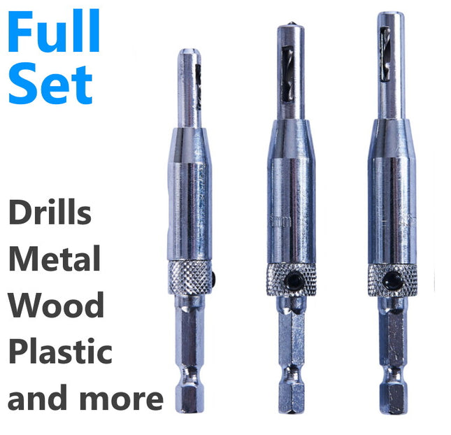 3 PC HINGE DRILL BIT SET DOOR LOCK WOOD METAL PLASTIC SELF CENTERING CABINET HEX