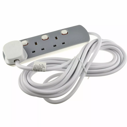 3 Gang Grey Mains Extension Lead 3 Way UK Power Sockets Switched 1m/2m/5m/10m