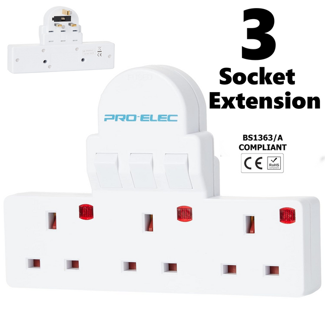 3 Way Extension Wall Socket Adaptor UK Plug Convert 13A Neon Switched
