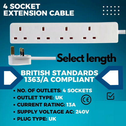 4 Way Mains Extension Lead Cable Power 4 Plugs Gang Socket Electric UK STOCK